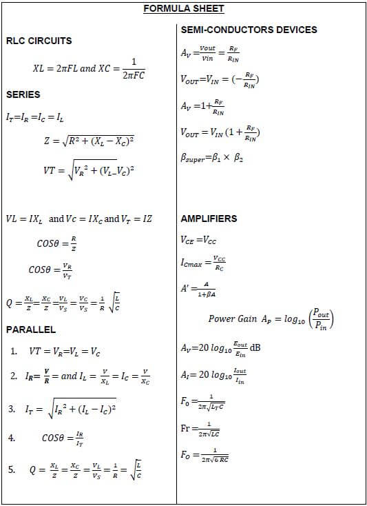 formulae sheet electronics