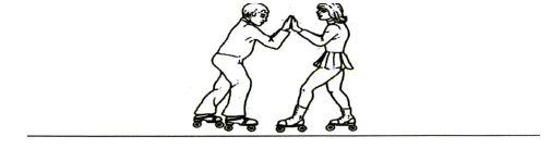 57 A man and a woman each wearing roller skates stand facing each other